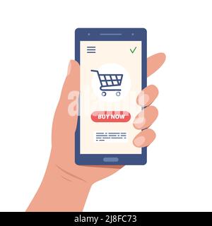 Online-Shopping-Konzept. Smartphone in der Hand mit Korb auf dem Bildschirm. Jetzt online kaufen. Vektorgrafik Stock Vektor