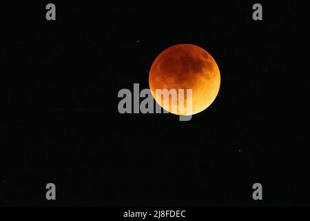 Vollmondfinsternis mit Superblutmond, die am 16. Mai 2022 von Metro Atlanta, Georgia aus gesehen wurde. (USA) Stockfoto