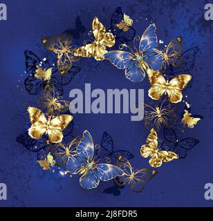 Saphir, Schmuckschmetterlinge und Goldschmetterlinge fliegen im Kreis, auf blauem, strukturiertem Hintergrund. Stock Vektor