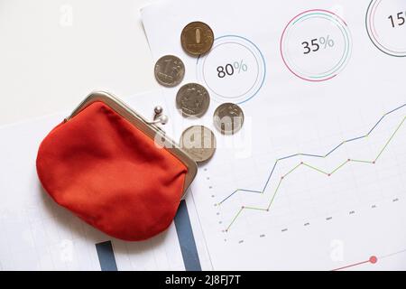 Der russische Rubel und die Balkengrafik neben der Brieftasche liegen auf weißem Hintergrund. Finanzielle Sanktionen gegen Russland. Der Zusammenbruch des Rubels. Crisi Stockfoto