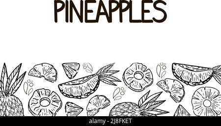 Schablone mit Ananas, gezeichnet mit Skizzenelementen im Doodle-Stil. Ganze Ananas, Teile, Blätter, Scheiben, Kern, Safttropfen. Handgezeichnete Inschrift. V Stock Vektor