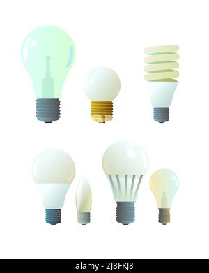 Set aus Glas-Glühbirne. Beleuchtungseinrichtung. Energiesparende Technologien. Isoliert auf weißem Hintergrund. Vektor. Stock Vektor