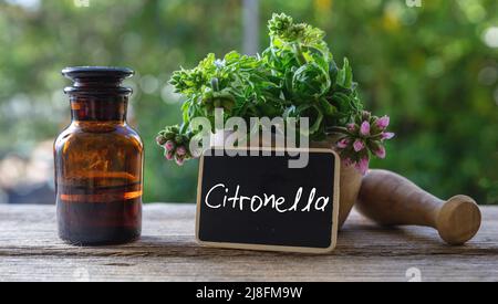 Glasflasche aus ätherischem Öl aus Zitronengeranium auf Holztisch, Nahaufnahme. Aromatherapie blühenden Kraut, Etikett mit Text, verwischen Natur Hintergrund Stockfoto
