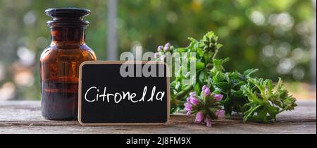 Glasflasche aus ätherischem Öl aus Zitronengeranium auf Holztisch, Nahaufnahme. Aromatherapie blühenden Kraut, Etikett mit Text, verwischen Natur Hintergrund Stockfoto