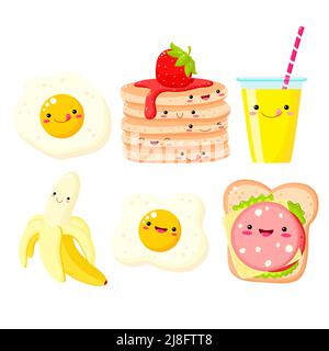 Frühstückszeit. Set mit niedlichen Food-Ikonen im Kawaii-Stil für süßes Design. Banane, Orangensaft, Pfannkuchen, Käse- und Gemüsesandwich, Rühreier Stock Vektor