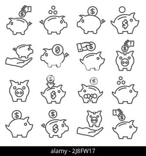Piggy Bankleitensymbole auf weißem Hintergrund Stock Vektor