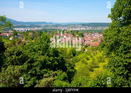 Erhöhter Blick auf die Stadt Arlesheim und die berühmte Ermitage. Arlesheim ist eine Stadt und eine Gemeinde im Bezirk Arlesheim des Kantons Basel-C. Stockfoto