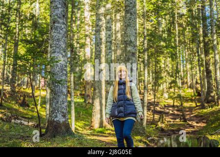 Eine Frau in warmen Kleidern genießt einen Spaziergang in einem Pinienwald Stockfoto