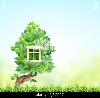 Umweltfreundliches Home-Konzept. Öko-Haus aus grünen Blättern und Gras auf blauem Himmel Hintergrund. Ökologie und keine Verschwendung Stockfoto