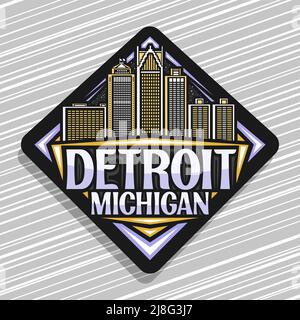 Vektor-Logo für Detroit, schwarzes Rhombus-Straßenschild mit Liniendarstellung der berühmten modernen detroit-Stadtlandschaft auf Abendhimmel-Hintergrund, dekoratives amerika Stock Vektor