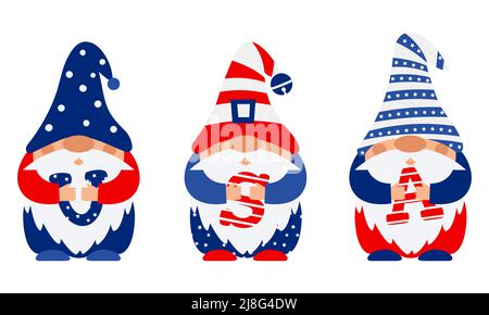 Patriotische Gnome in Mützen in amerikanischen Flaggen halten die Buchstaben USA in den Händen. Gnome feiern den Unabhängigkeitstag am 4.. Juli. Zur Begrüßung des Fahrzeugs Stock Vektor