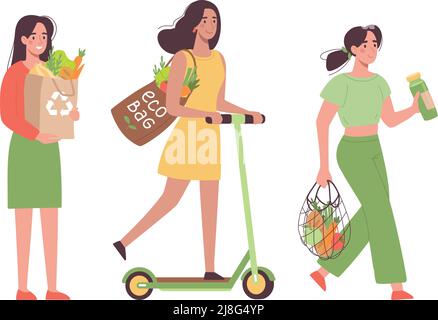 Mädchen kaufen Bio-Produkte. Illustration von glücklichen Mädchen, die nach Hause bringen gesunde Produkte, Gemüse, Gemüse, Gemüse. Ökologisches Design des vegetarischen Einkaufs. Vector Frauen mit Öko-Taschen im flachen Stil Stock Vektor