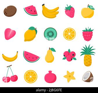 Eine Reihe von hellen tropischen Sommerfrüchten und Beeren. Erdbeeren, Kokosnuss, Ananas, Bananen, Himbeeren, Kirschen. Vektorgrafiken in einem flachen c Stock Vektor