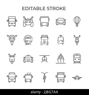 Symbole für die Vorderansicht des Transportes. Autos, Flugzeuge und Motorräder sind auch andere Typen. Wird für Carsharing, Vermietung und Reisen verwendet. Isolierte Vektordarstellung auf weißem Hintergrund. Bearbeitbare Kontur. Stock Vektor