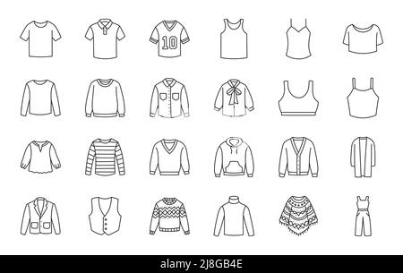 Kleidung Top Doodle Illustration einschließlich Symbole - Pullover, Jacke, Poloshirt, Sweatshirt, Hoodie, pullover, Anzug, Langarm-Sportbekleidung, Weste, Bluse Stock Vektor