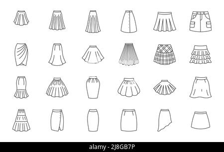 Kleidung Röcke Doodle Illustration einschließlich Symbole - Ladung, drapiert, gerored, plisse, Kilt, Bubble, Sport, Wrap, Bleistift, asymmetrischer Petticoat. Dünne Linie Stock Vektor