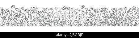Frühlingsblumen horizontale Grenze. Linie Doodle floral wiederholen Umriss Illustration mit Gänseblümchen, Kleeblatt, Tulpe und andere Feldgras. Vektor nahtlos Stock Vektor