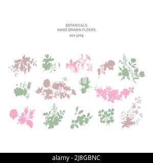 Hochzeit Einladung Blumenset. Fuchsia Rose Chrisanthemum und Wildblumen in Pastellfarben. Stängel, Blätter, Blüten auf weißem Hintergrund. Vektor illustrr Stock Vektor