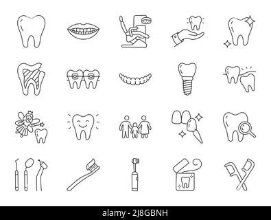 Zahnklinik Doodle Illustration einschließlich Icons - Weisheitszahn, Furnier, Zahnaufhellung, Zahnspangen, Implantat, Elektrische Zahnbürste, Karies, Zahnseide, Mund Stock Vektor