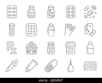 Apotheke Doodle Illustration mit Symbolen - Pillen Flasche, Pipette, Kapseln, Tabletten Blister, Vitamin, Hustensirup, Verhütungsmittel und Nahrungsergänzungsmittel Stock Vektor