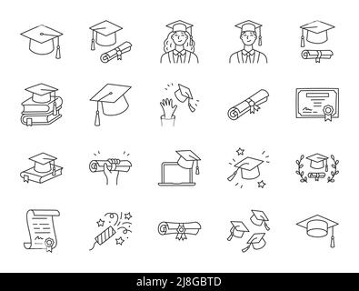 Graduation Doodle Illustration einschließlich Icons - Student in Cap, Diplom-Zertifikat blättern, Hochschulabschluss . Dünne Linie Kunst über High School Stock Vektor