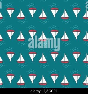Sommerliches nautisches Muster mit Schiffen und Wellen auf blauem Hintergrund. Niedlicher Druck mit Meeresobjekten. Design zum Einwickeln von Papier, Schreibwaren und Textilien. Vektorgrafik flach Stock Vektor