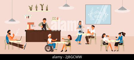 Café-Innenausstattung mit Besuchern, Kellnern und Barista am Schalter. Stock Vektor