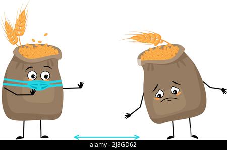 Niedlichen Sack aus Weizen und Ohr Charakter mit Gesicht in medizinische Maske halten Abstand, Arme und Beine. Getreideernte mit pflegesichtem Gesichtsausdruck und Pose. Vektorgrafik flach Stock Vektor