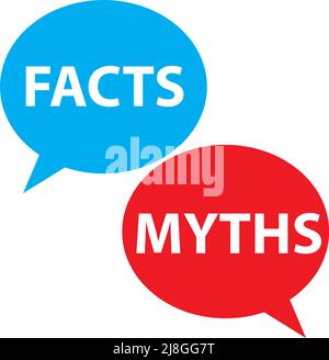 Fakten und Mythen Symbol auf weißem Hintergrund. Blaue und rote Blasen mit Mythen vs Fakten. Fakten vs Mythen Konzept. Flacher Stil. Stockfoto