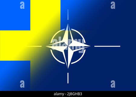 NATO-OTAN. Schweden. NATO-Flagge. Schwedische Flagge. Flagge mit dem NATO-Logo. Konzept der Annexion Schwedens mit der NATO-OTAN. Vordergrund. Horizontales Layout. Stockfoto