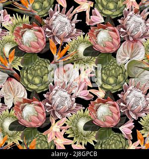 Protea Nahtloses Muster. Aquarell realistische Blüten von protea und Anthurium. Illustration Tapete. Stoffdruck Stockfoto