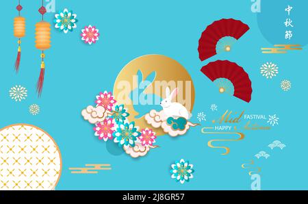Happy Chinese Mid-Autumn Festival des Hasen auf dem Mond und asiatischen Element-Stil. Stock Vektor