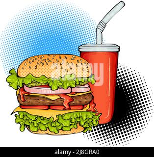 Großer Aufkleber im Pop-Art-Stil für Burger und Cola Stock Vektor