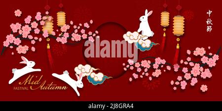 Banner the Rabbit grüßt fröhliches chinesisches Mittherbstfest mit Folwer und Mondkuchen auf rotem Hintergrund. Stock Vektor