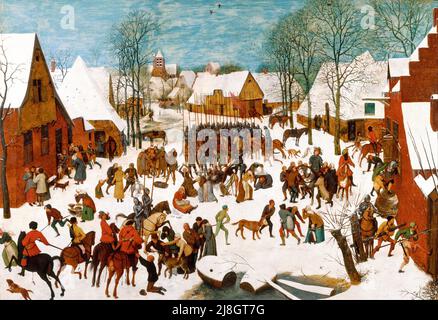 Das Massaker der Unschuldigen in Bethlehem, von Pieter Brueghel dem Älteren. In diesem christlichen Mythos fragten die drei Könige, wo der neugeborene 'König der Juden' zu finden sei. Der römische Herrscher Herodes fühlte, dass seine Position AMD den Mord an allen Jungen bedrohte. Der Vater Jesu wurde in einer bestimmten Phase vor dem Ereignis gewarnt und ihm wurde geraten, in der Folge, die als Flucht nach Ägypten bekannt ist, nach Ägypten zu reisen. Stockfoto