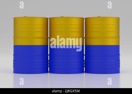 Metallfässer für Öl in den Farben der Flagge der Ukraine auf weißem Hintergrund. Treibstoffmangel in der Ukraine Konzept. 3D Rendern. Stockfoto