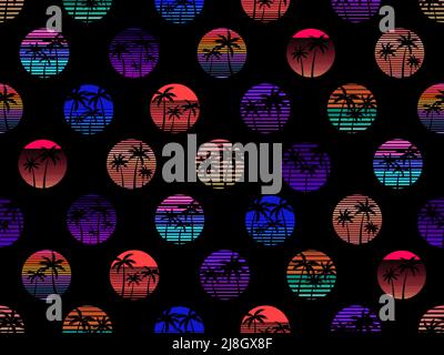 Palmen vor dem Hintergrund der Sonne im Retro-80s-Stil. Futuristische Retro-Sonne mit Palmen. Tropisches Muster mit Farbverlauf. Design für Stock Vektor