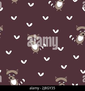 Nahtloses Vektor-Muster mit Waschbären und Liebesherzen auf purpurem Hintergrund. Niedliches Tier Tapete Design für Kinder. Stock Vektor