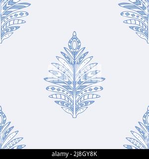 Nahtloses Vektor-Muster mit sanften blauen Federn auf weißem Hintergrund. Einfache native Symbol Tapete Design. Stock Vektor