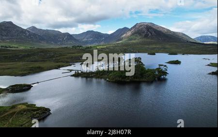 Derrylare Lough, ein Süßwassersee am Eingang des Inagh Valley, in Connemara, Galway, im Westen Irlands, bietet einen Blick direkt in den See Stockfoto