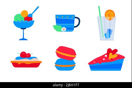 Getränke und süße Desserts - flaches Design-Stil-Ikonen-Set Stock Vektor
