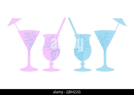 Cocktails Sommer Silhouetten blau und pink mit Ananas Umriss, handgezeichnete Doodle, isoliert, weißer Hintergrund. Vektorgrafik Stock Vektor