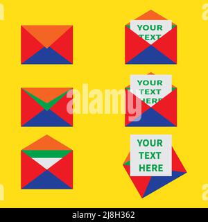 Gruppe von sechs bunten Briefumschlägen. Versiegelte, halb offene und vier offene Umschläge isoliert in modernem Stil. Vorlagen für Benachrichtigungsdesign, E-Mail-Zustellung Stock Vektor