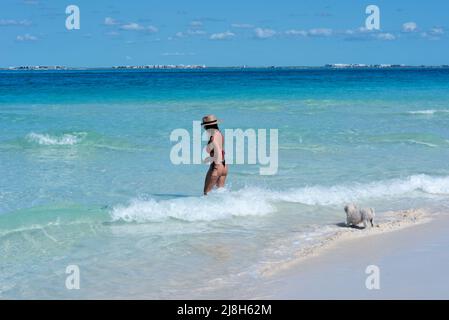 Die junge Frau spielt mit ihrem Pudelhund in Meereswellen am Strand von Isla Mujeres in Mexiko Stockfoto