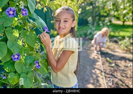 Mädchen, die die Kamera ansieht, die Blume im Garten berührt Stockfoto