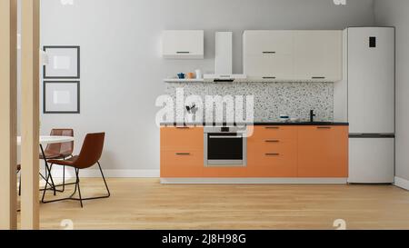 Das Innere einer kleinen Küche, orange unten weiße Oberseite. 3D Rendern. Stockfoto