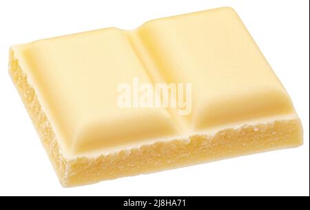 Weiße Tafel mit Schokolade isoliert auf weißem Hintergrund, volle Schärfentiefe Stockfoto