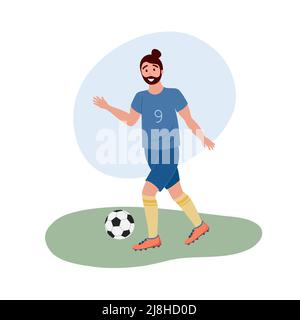 Fußballspieler isoliert. Flache Vektordarstellung des Mannes, der Fußball auf Gras spielt. Fußballspieler in Sportuniform läuft nach dem Fußball. Stock Vektor