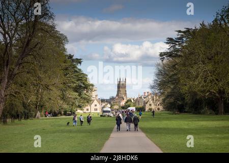 Menschen, die auf dem Boden des Cirencester Park mit der St. John Baptist Church im Hintergrund, Gloucestershire, Großbritannien, spazieren Stockfoto