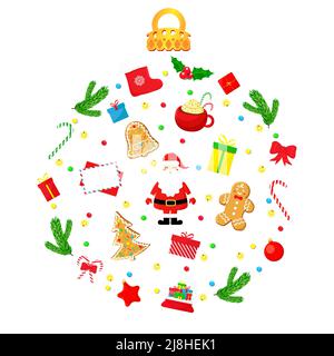 Kugelschmuck aus traditionellen Weihnachtselementen. Vektorgrafik flach. Stock Vektor
